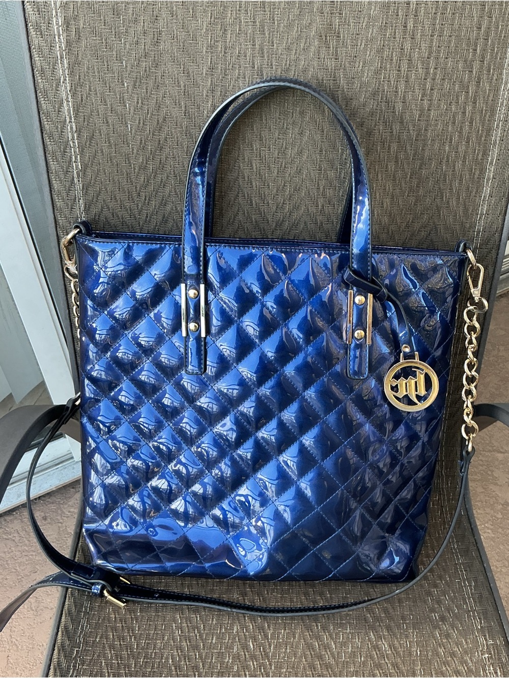 Indigo Blue Quilted Patent Large Tote Bag